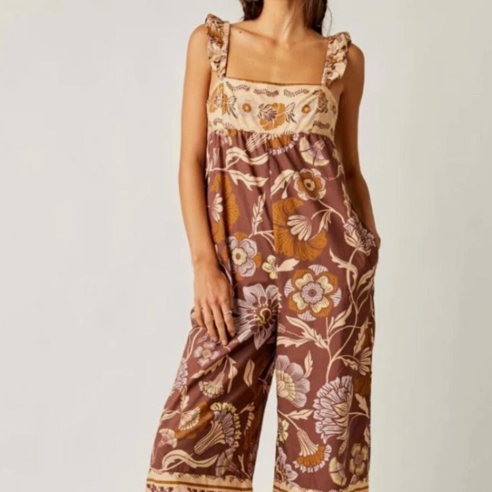 Free People Bali Albright Floral Cotton JUMPSUIT Size S Brown Coffee Combo NEW